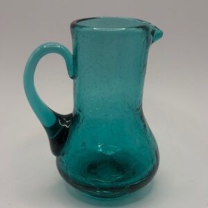 Mid Century Modern Vintage Blue Crazed Crackle Glass Creamer Mini Pitcher Jug